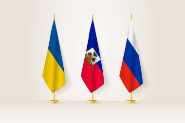 Diplomatik Toplantı Temsilcisi, Ukrayna, Haiti ve Rusya Bayrakları. Diplomatik Standartlarda Bayraklar.