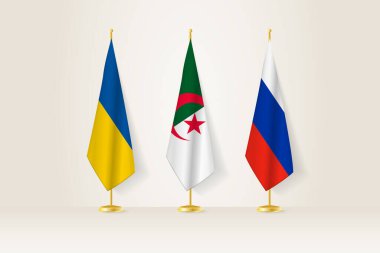 Diplomatik Toplantı Temsilcisi, Ukrayna, Cezayir ve Rusya Bayrakları. Diplomatik Standartlarda Bayraklar.