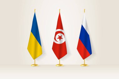 Diplomatik Toplantı Temsilcisi, Ukrayna, Tunus ve Rusya Bayrakları. Diplomatik Standartlarda Bayraklar.