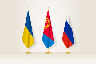 Diplomatik Toplantı Temsilcisi, Ukrayna, Eritre ve Rusya Bayrakları. Diplomatik Standartlarda Bayraklar.