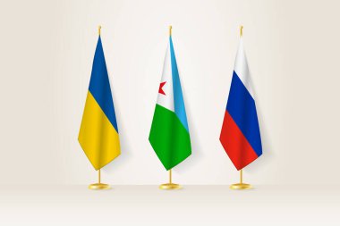 Diplomatik Toplantı Temsilcisi, Ukrayna, Cibuti ve Rusya Bayrakları. Diplomatik Standartlarda Bayraklar.