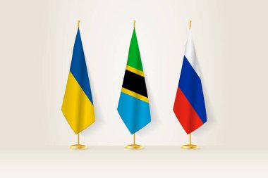 Diplomatik Toplantı Temsilcisi, Ukrayna, Tanzanya ve Rusya Bayrakları. Diplomatik Standartlarda Bayraklar.