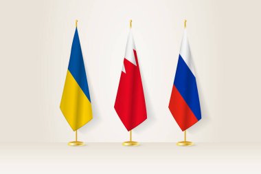 Diplomatik Toplantı Temsilcisi, Ukrayna, Bahreyn ve Rusya Bayrakları. Diplomatik Standartlarda Bayraklar.