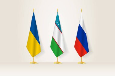 Diplomatik Toplantı Temsilcisi, Ukrayna, Özbekistan ve Rusya Bayrakları. Diplomatik Standartlarda Bayraklar.