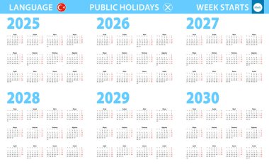 2025, 2026, 2027, 2028, 2029, 2030 yılı için Türkçe takvim. Hafta pazartesiden itibaren başlıyor.