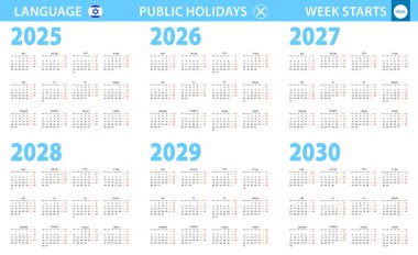 2025, 2026, 2027, 2028, 2029, 2030 yıllarındaki İbranice takvim. Hafta pazartesiden itibaren başlıyor.