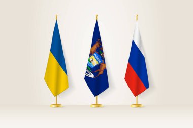 Diplomatik Toplantı Temsilcisi, Ukrayna, Michigan ve Rusya Bayrakları. Diplomatik Standartlarda Bayraklar.