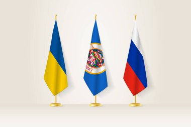 Diplomatik Toplantı Temsilcisi, Ukrayna, Minnesota ve Rusya Bayrakları. Diplomatik Standartlarda Bayraklar.