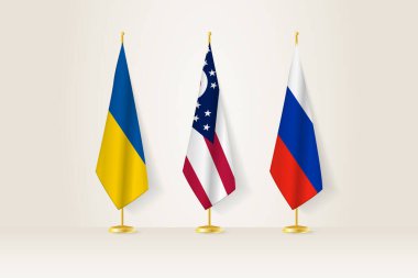 Diplomatik Toplantı Temsilcisi, Ukrayna, Ohio ve Rusya Bayrakları. Diplomatik Standartlarda Bayraklar.