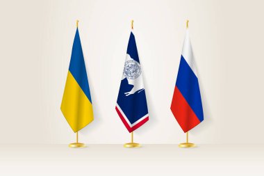 Diplomatik Toplantı Temsilcisi, Ukrayna, Wyoming ve Rusya Bayrakları. Diplomatik Standartlarda Bayraklar.