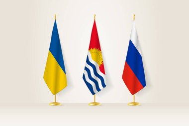 Diplomatik Toplantı Temsilcisi, Ukrayna, Kiribati ve Rusya Bayrakları. Diplomatik Standartlarda Bayraklar.