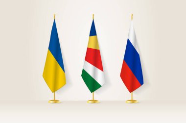 Diplomatik Toplantı Temsilcisi, Ukrayna, Seyşeller ve Rusya Bayrakları. Diplomatik Standartlarda Bayraklar.