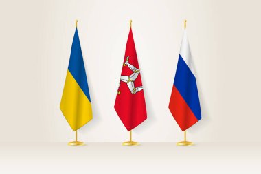 Diplomatik Toplantı Temsilcisi, Ukrayna, Man Adası ve Rusya Bayrakları. Diplomatik Standartlarda Bayraklar.