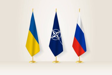Diplomatik Toplantı Temsilcisi, Ukrayna, Nato ve Rusya Bayrakları. Diplomatik Standartlarda Bayraklar.