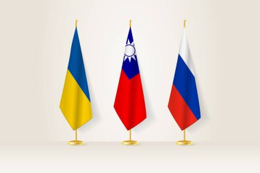 Diplomatik Toplantı Temsilcisi, Ukrayna, Tayvan ve Rusya Bayrakları. Diplomatik Standartlarda Bayraklar.