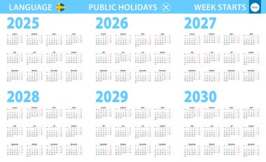 2025, 2026, 2027, 2028, 2029, 2030 yılları için İsveççe takvim. Hafta pazartesiden itibaren başlıyor.