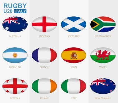 Avustralya, İngiltere, İskoçya, Güney Afrika, Arjantin, Fransa, İspanya, Galler, Gürcistan, İrlanda, İtalya ve Yeni Zelanda bayrağına sahip rugby topu ikonu. Vektör ragbi topu.