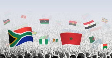 Güney Afrika, Fas, Nijerya, Mısır, Cezayir, Kenya ve diğerleri gibi çeşitli Afrika ulusal bayrakları sallayan canlı bir kalabalığı tasvir eden vektör ilülasyonu. Bu enerjik stadyum sahnesi spor için ideal birlik, kutlama ve tutkuyu temsil ediyor.