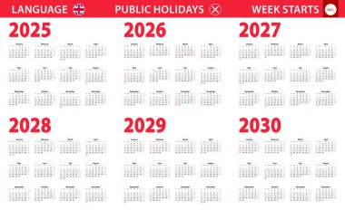 2025-2030 yıllık takvim İngilizce, hafta pazar gününden itibaren başlar.