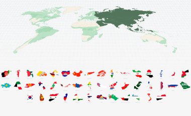 Vurgulanmış Dünya Haritasında Bayraklı Asya Ülkesi Şekilleri