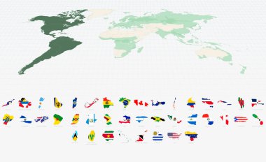 Vurgulanmış Dünya Haritasında Bayraklı Amerikan Ülkesi Şekilleri