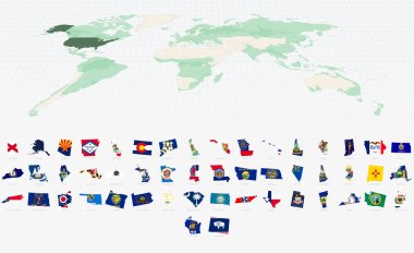 Vurgulanmış Dünya Haritasında ABD Devlet Bayraklı Şekilleri