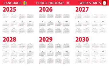 2025-2030 İsveç dilinde takvim, hafta pazar gününden itibaren başlar.