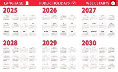İrlanda dilinde 2025-2030 yıllık takvim, hafta pazar gününden itibaren başlar.