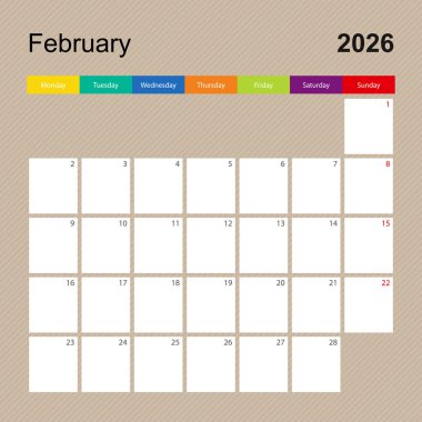 Şubat 2026 için takvim sayfası, renkli tasarımlı duvar planlayıcısı. Hafta pazartesi başlıyor..