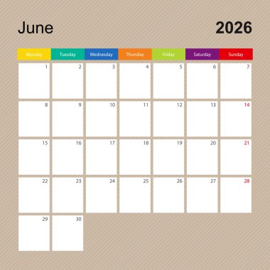 Haziran 2026 için takvim sayfası, renkli tasarımlı duvar planlayıcısı. Hafta pazartesi başlıyor..