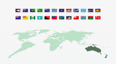 Okyanus ülkelerinin Ulusal Bayrakları, Posta Bayrağı Seti. Dünya Haritalı Okyanus Bayrakları. Vetor illüstrasyonu.