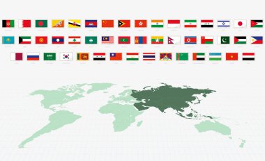 Asya ülkelerinin Ulusal Bayrakları, Posta Bayrağı Seti. Dünya Haritalı Asya Bayrakları. Tarihi bayrak