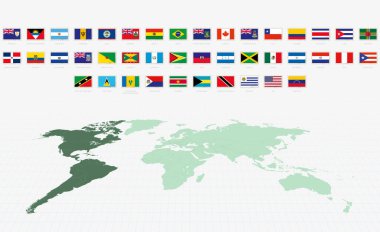 Amerikan ülkelerinin Ulusal Bayrakları, Posta Bayrağı Seti. Dünya Haritalı Amerikan Bayrakları.