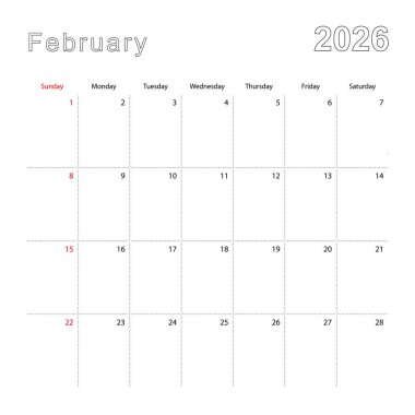 Şubat 2026 için noktalı çizgileri olan basit bir duvar takvimi. Takvim İngilizce, haftaya pazar günü başlıyor..