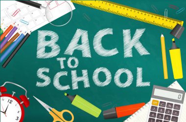 Okul Malzemeleri ile birlikte Chalkboard 'a geri dönüyoruz. Okulun temalı vektörüne karatahta, metin, kalem, kalem, cetvel, saat ve hesap makinesi ile geri dönüyoruz. Eğitim, okul reklamları ve görsel öğrenim için harika..