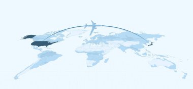 Dünya haritasında ABD 'den Japonya' ya uçak rotası. Vektör haritası, Amerika Birleşik Devletleri 'nden Japonya' ya giden uçakları gösteriyor. Seyahat, turizm, lojistik veya uluslararası iş temaları için ideal.