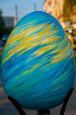 Lviv, Ukraine 03 May 2022 . Easter egg exhibition on the square in front of the St. George's Cathedral. Large painted eggs. Lviv, Ukraine .