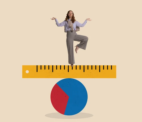 Build resilience in business projects. Keep balance in work tasks, goals. Young woman, employee, office worker standing on drawn ruler and chart. Concept of finance, economy, resilience