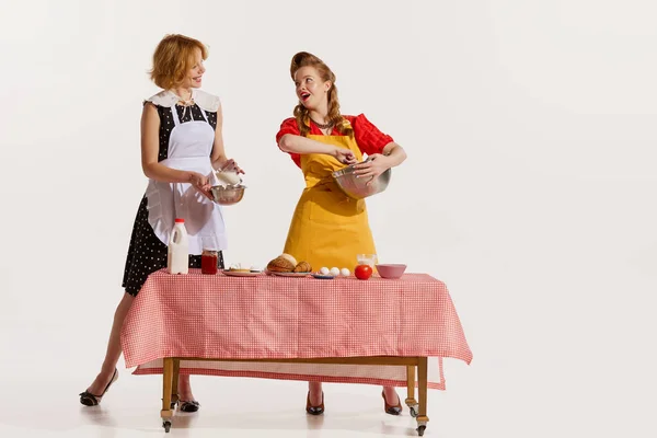 Portrait Two Elegant Stylish Women Doing Cooking Together Isolated White — Stock Photo, Image
