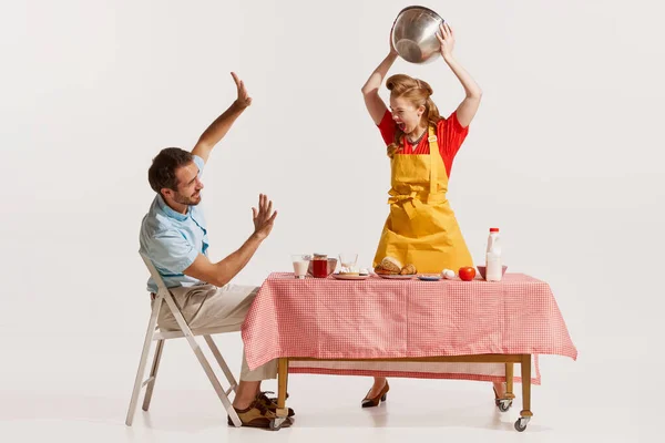 Young Emotive Couple Loudly Quarreling While Doing Breakfast Isolated White — Stock Photo, Image