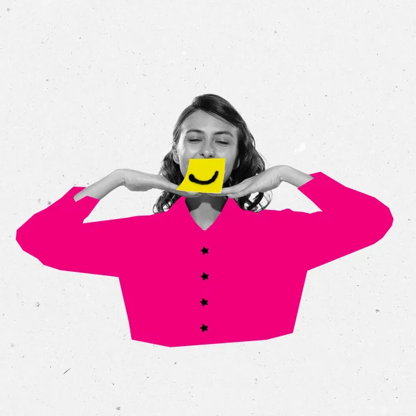 Colagem Arte Design Abstrato Mulher Feliz Com Sorriso Pintado Estilo — Fotografia de Stock