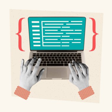 Çağdaş sanat kolajı. Erkek eller dizüstü bilgisayarda yazıyor, finansal analizlerle çalışıyor, sanal para yetiştiriyor. Kripto para birimi kavramı, ekonomi, modern teknoloji, internet. Yaratıcı tasarım