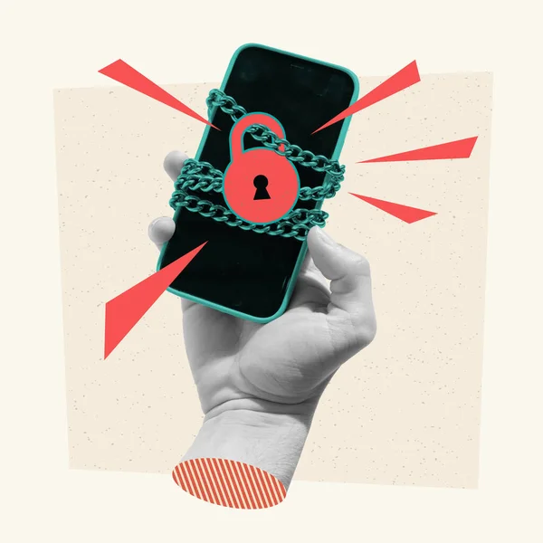 当代艺术拼贴 马来人手持带有铁链的电话 象征着很高程度的锡石 加密货币的概念 现代技术 互联网 创意设计 — 图库照片