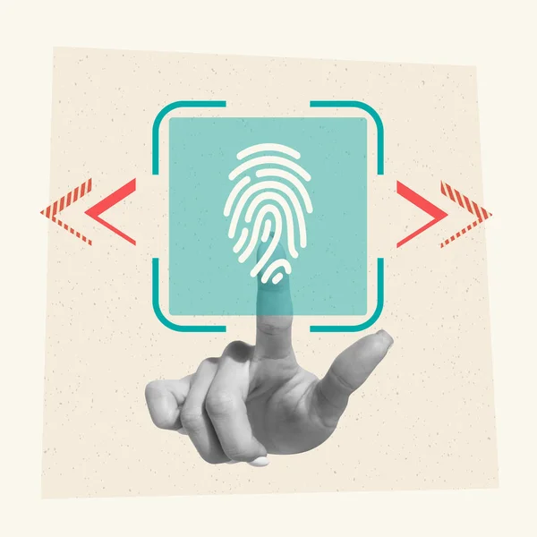 当代艺术拼贴 男人把手指放在一个特殊的地方来辨别个性 数据安全系统 加密货币的概念 区块链技术 互联网 创意设计 — 图库照片