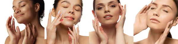 コラージュ 完璧な滑らかな肌を持つ美しい女性の顔のクローズアップ肖像画 顔の保湿剤を適用する女性 スキンケアの概念 — ストック写真