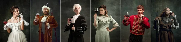 ワインの試飲 暗い背景にヴィンテージの服で中世の王族のイメージの俳優や女優のイメージのセット ルネサンス バロック様式の比較の概念 — ストック写真