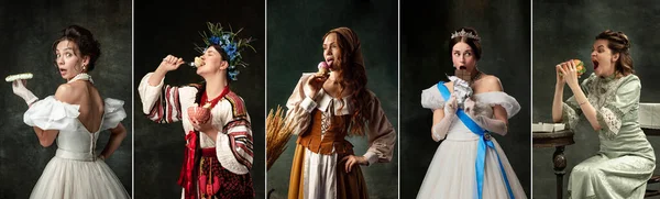 ジャンクフード 暗い背景にヴィンテージの服で有名な作品から中世の人々のイメージで感情的な女優のイメージのセット ルネサンス バロック様式の比較の概念 — ストック写真