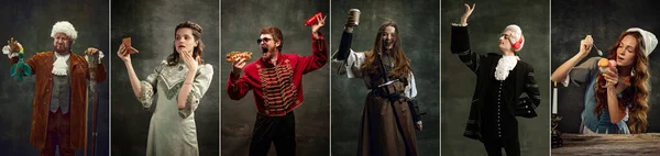 Fast Food Party Collage Mit Jungen Leuten Bild Mittelalterlicher Königspaare — Stockfoto