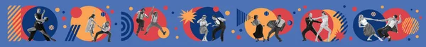 レトロなダンス 現代美術のコラージュ 図面で青の背景にヴィンテージ70年代 80年代スタイルの服でカップルを踊る ファッション パーティー 創造性の概念 フライヤー — ストック写真
