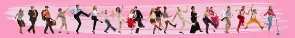 Танцювальний Клуб Громадська Зустріч Група Молодих Старих Танцюють Рожевому Фоні — стокове фото